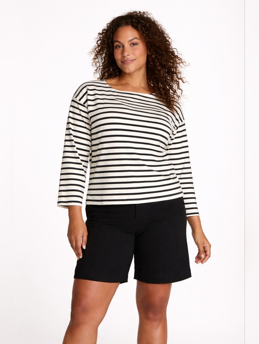 SPANX Cotton Boatneck Top  Black Ivory Stripe Long Sleeve Parisian Capsule - Picture 2 of 5